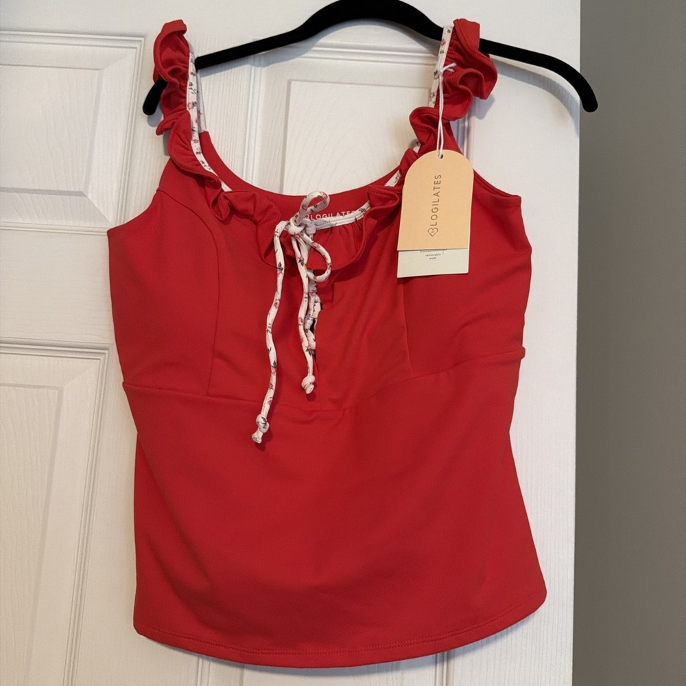 Blogilates Women's Ruffle Lace Up Tank Top - Red 1X Active‎ Wear Workout